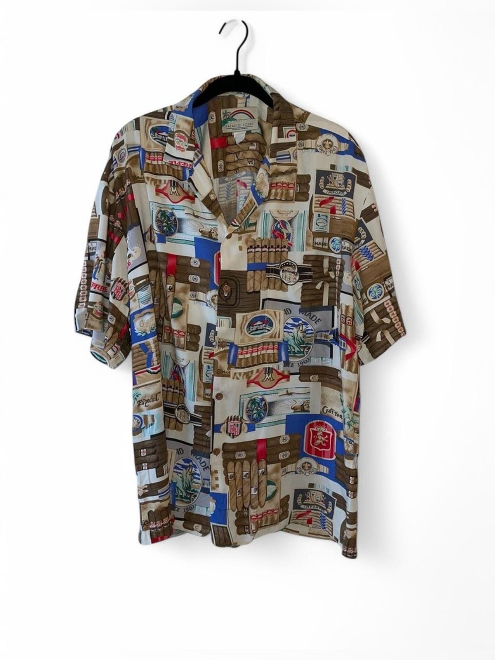 Paradise Found vintage Hawaii shirt with cigar patchwork design in size large.